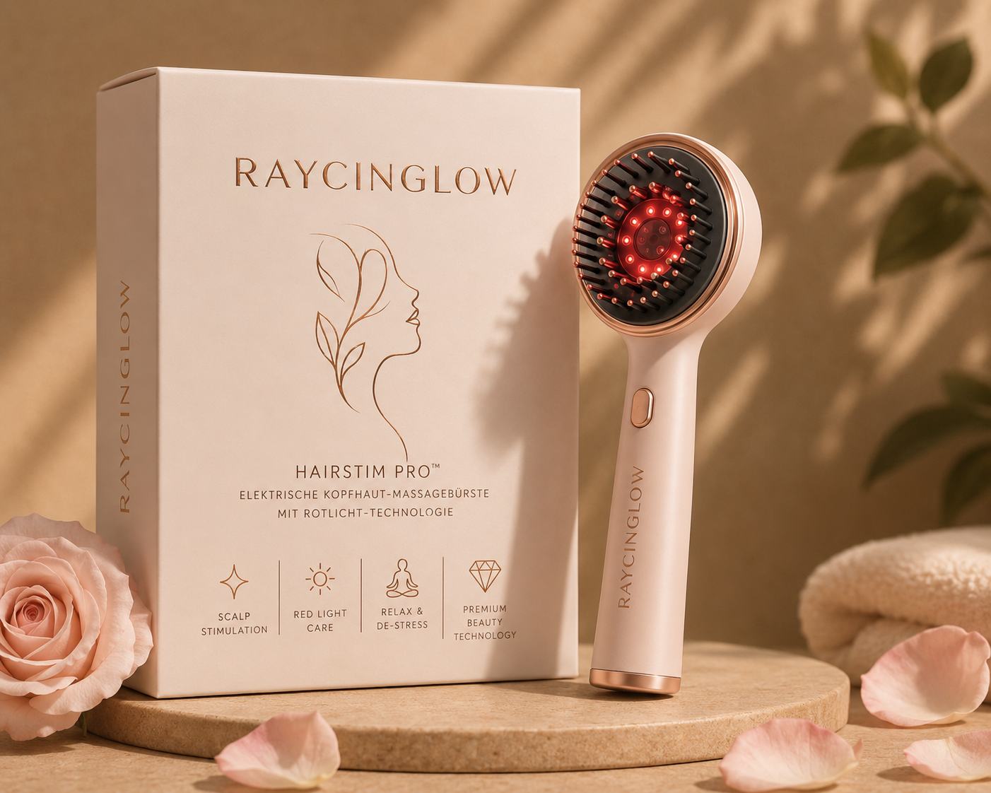 RaycinGlow™ HairStim Pro – Elektrische Kopfhaut-Massagebürste mit Rotlicht-Technologie